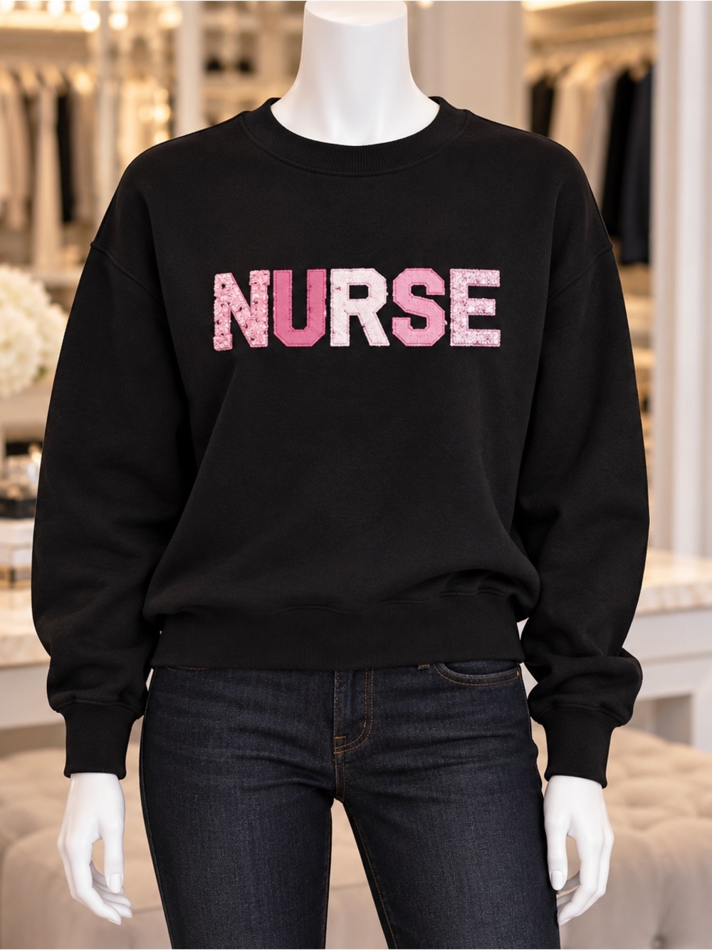 NURSE Black Pink Graphic Crewneck Sweatshirt Size Large